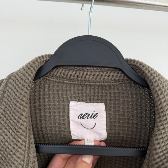 Aerie Lumberjane Waffle Shirt Small Olive Green Oversized Button Front Layer - Picture 7 of 9